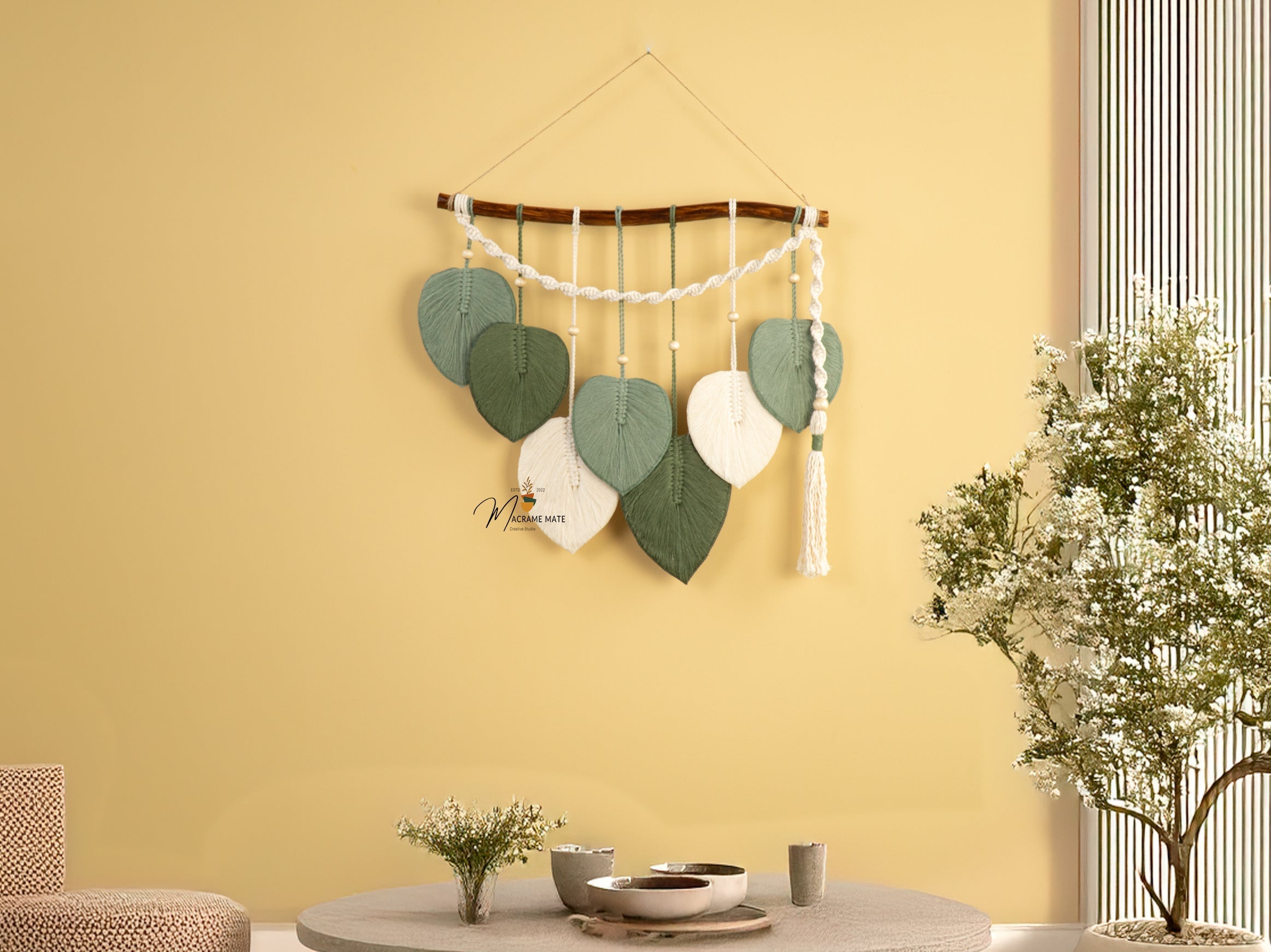 Green Macrame Leaf Hanging Tassel Wall Decor