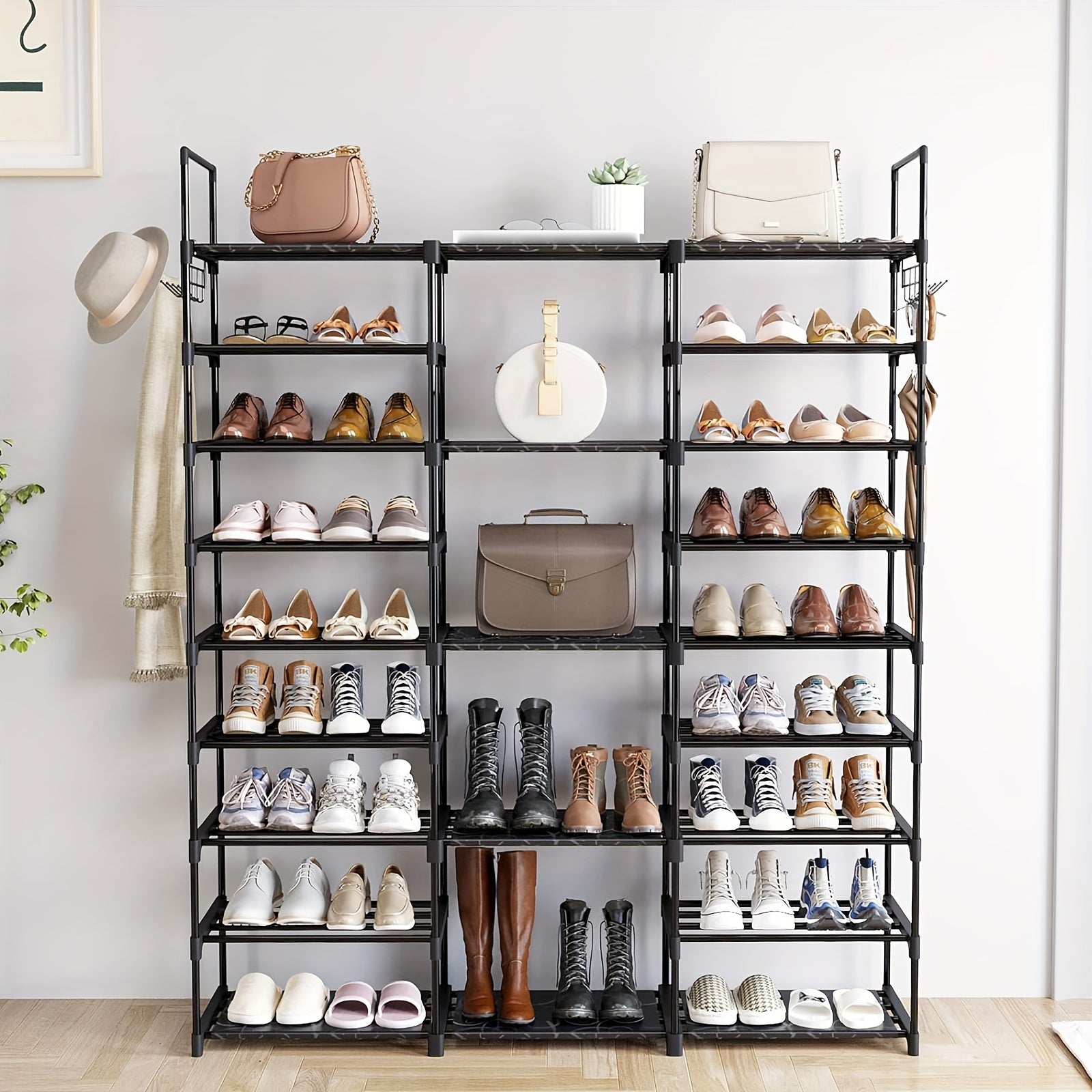 Multi-Layer Shoe Rack Organizer With Entryway Hooks