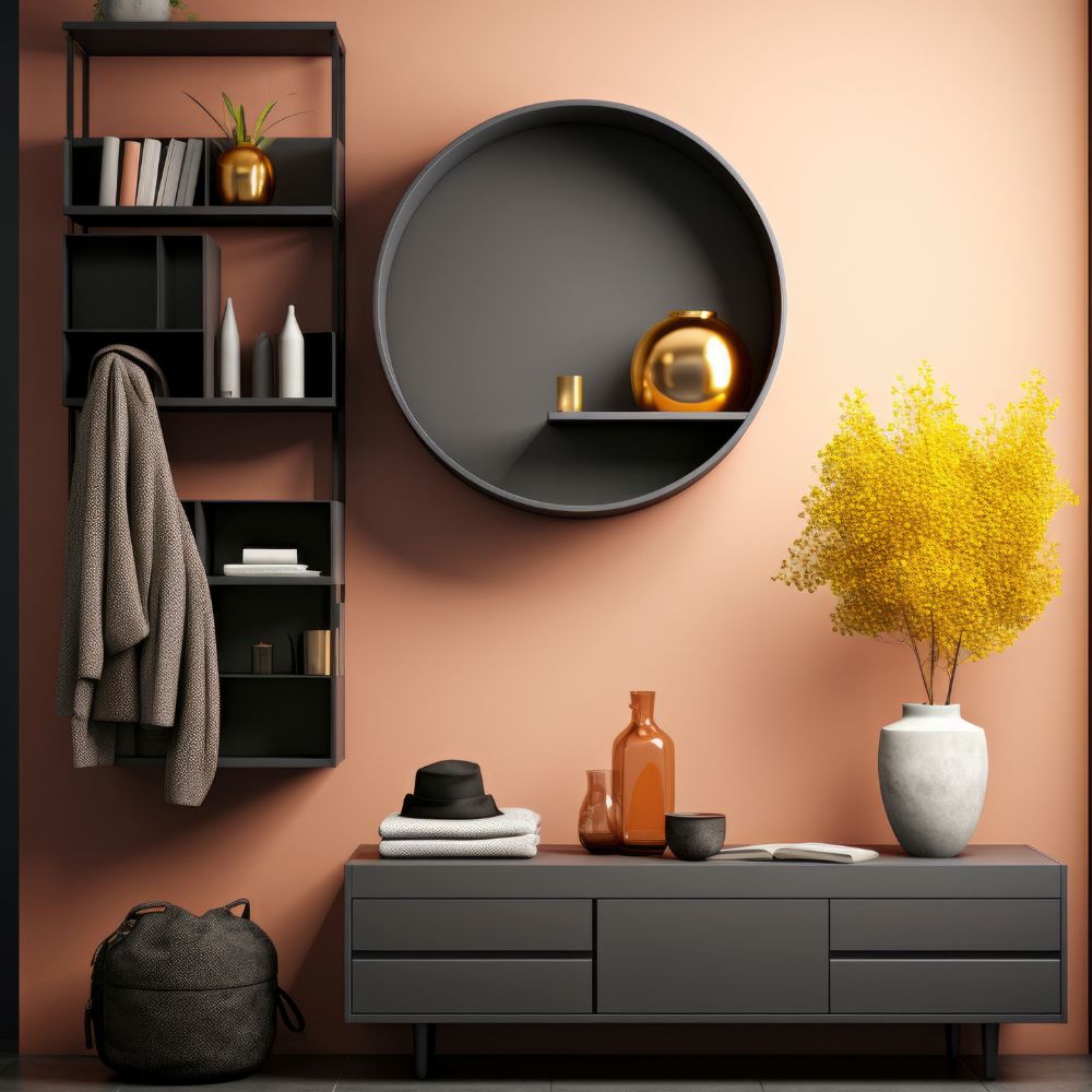 Modern interior with a black shelf, round mirror, and decorative items on a pink wall.