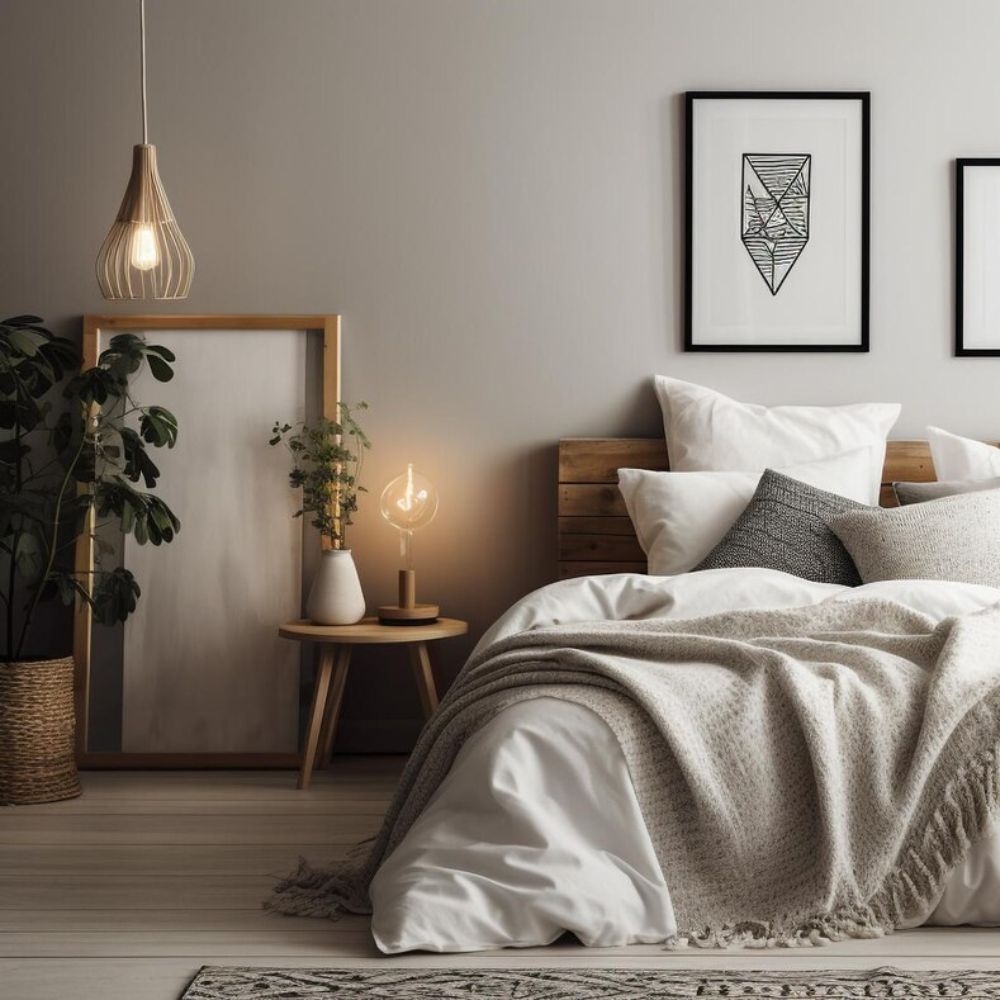 Cozy bedroom with a bed, side table, and wall art