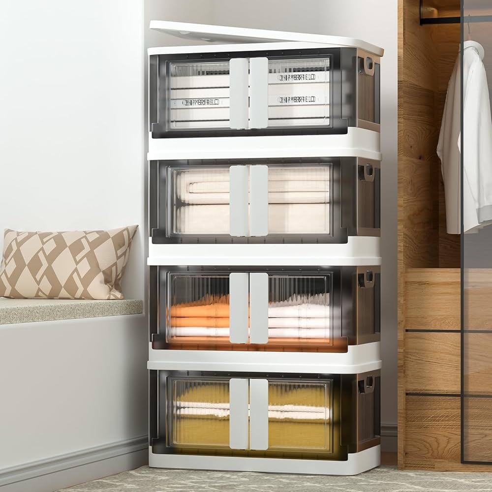 Stackable storage drawers in a room with wooden flooring and a cushioned bench.