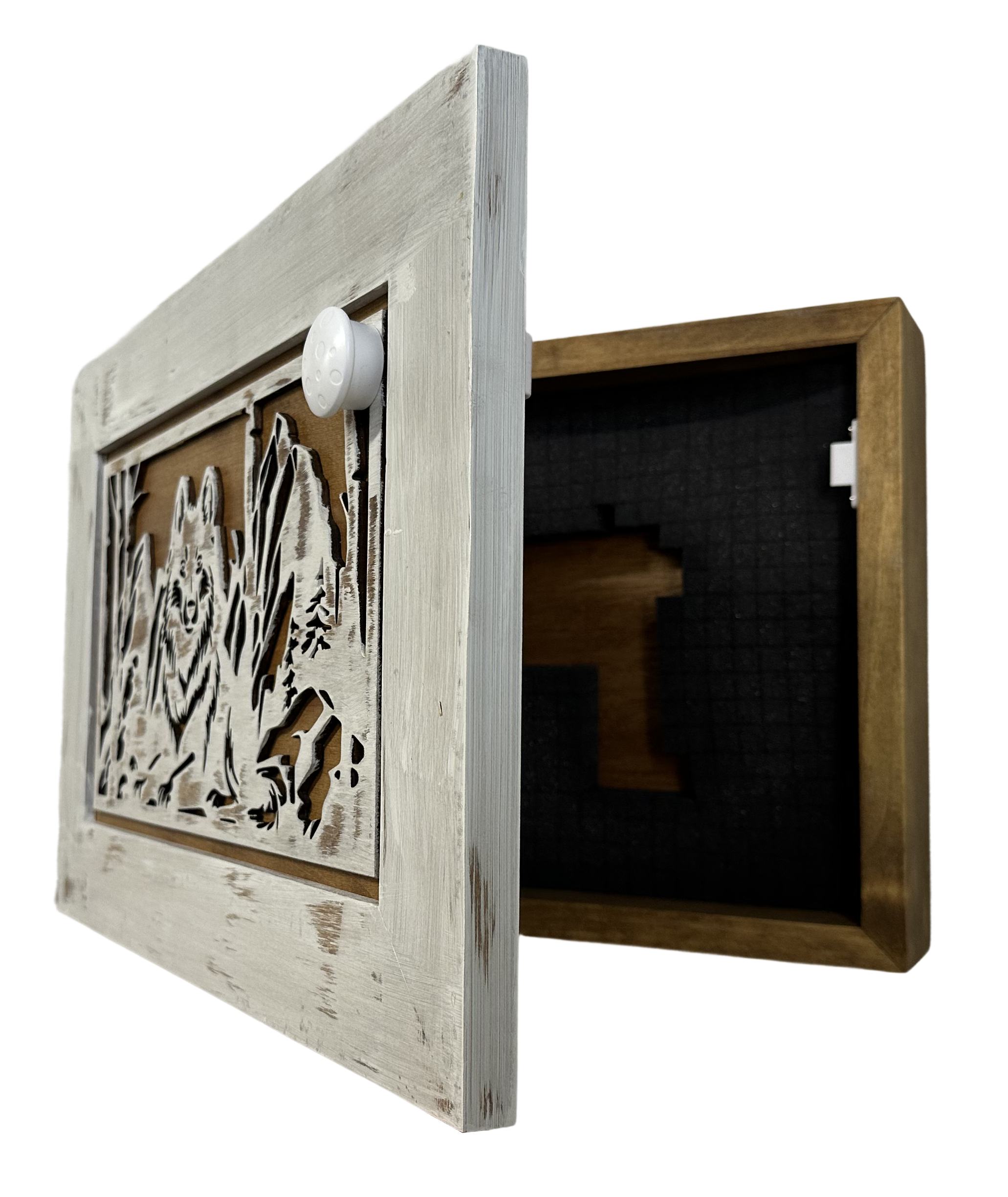 White Wolf Gun Concealment Furniture - Handcrafted Hidden Gun Storage Wall Decor - Hidden Gun Shelf with Magnetic Lock for Quick Access