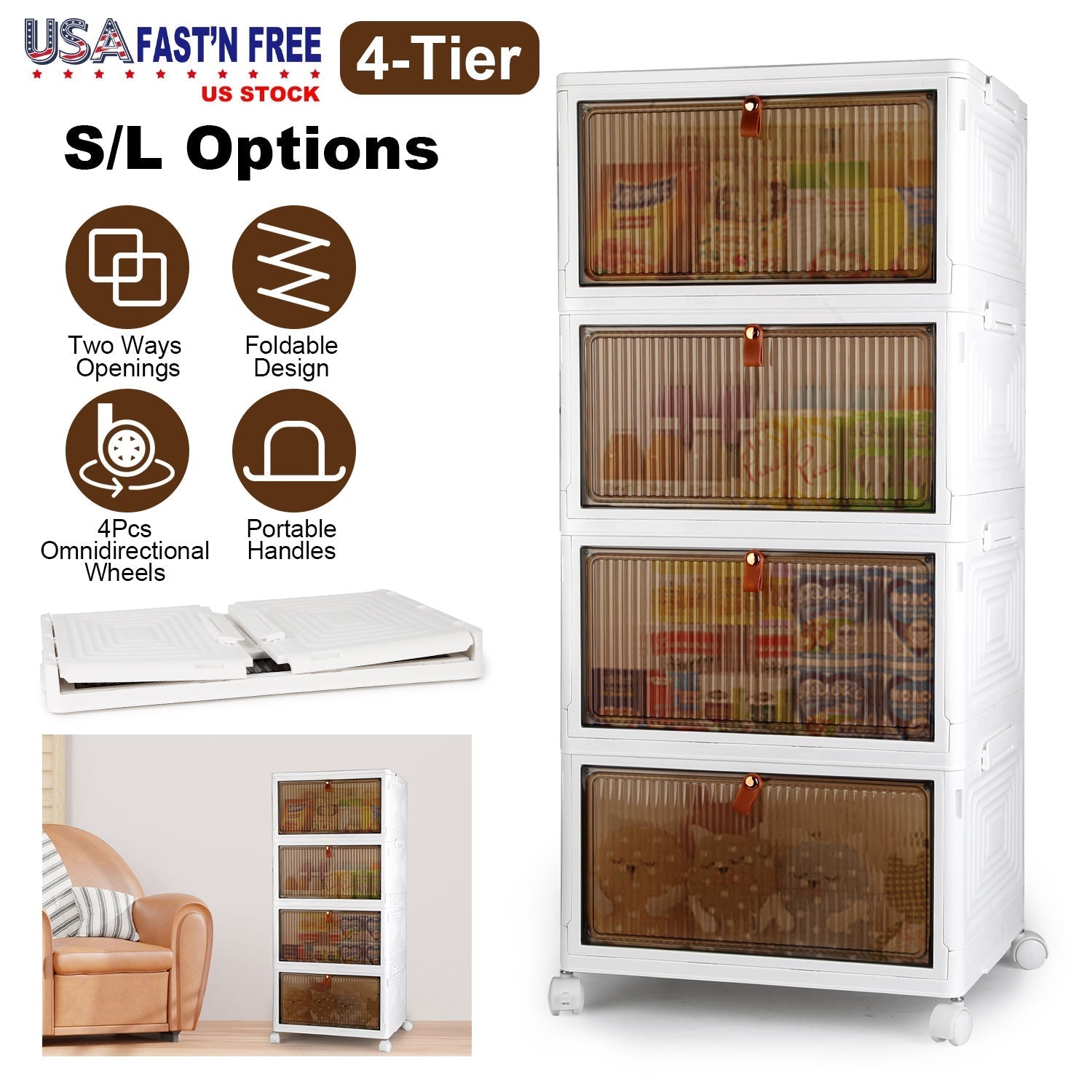 4-Tier Foldable Storage Bins With Wheels And Lid