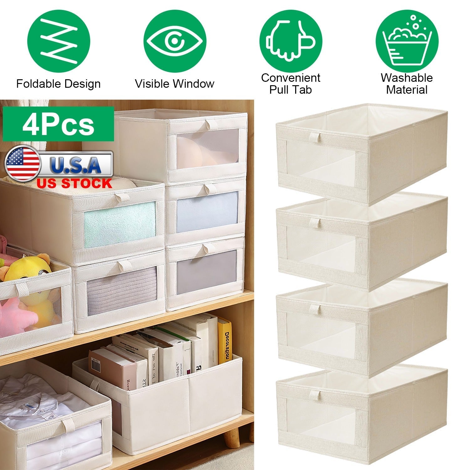 4-Pack Foldable Linen Storage Bins With Clear Window