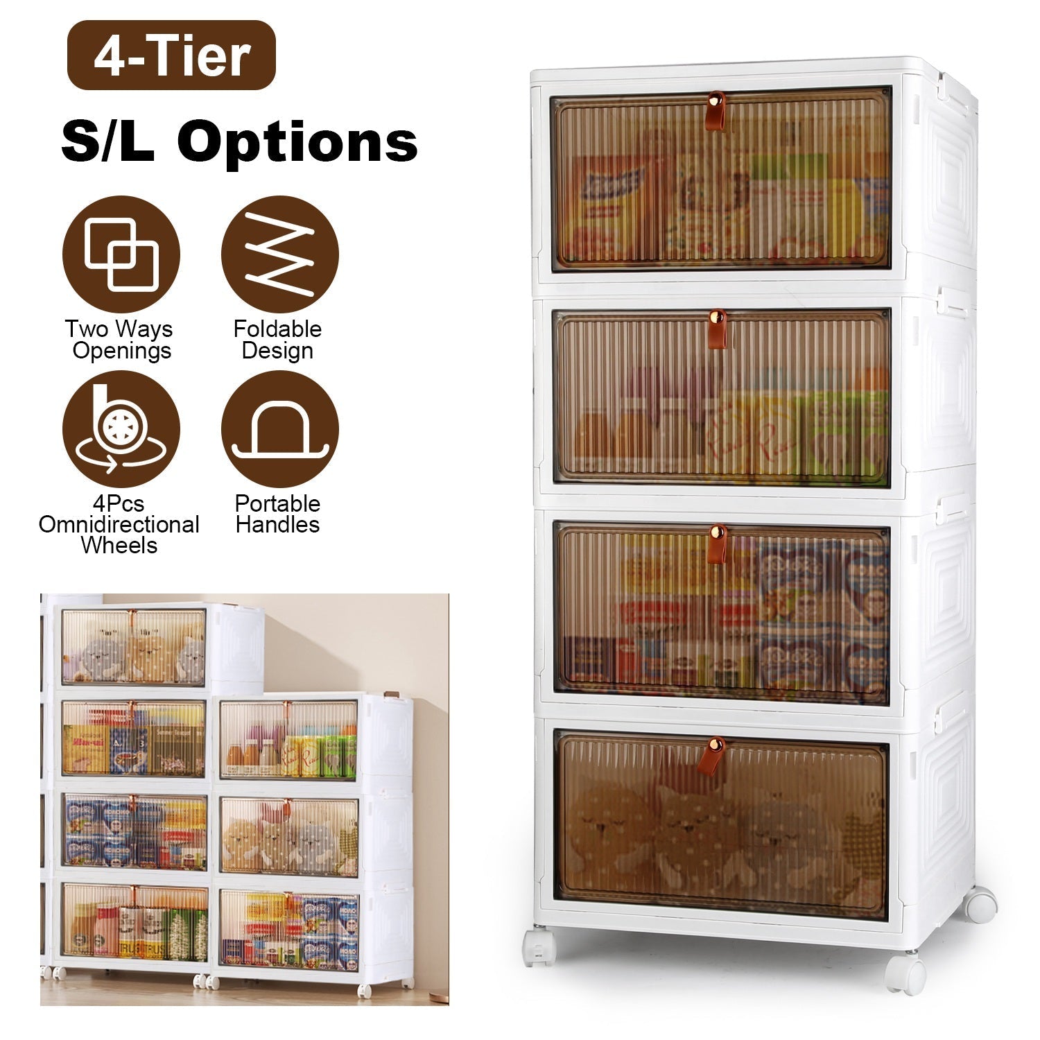 4-Tier Foldable Storage Bins With Wheels And Lid
