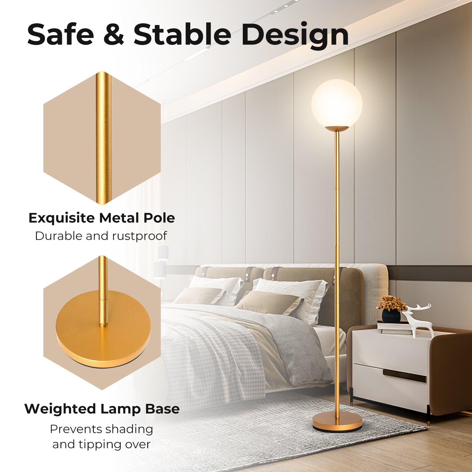 Golden Glass Globe LED Floor Lamp With Lampshade