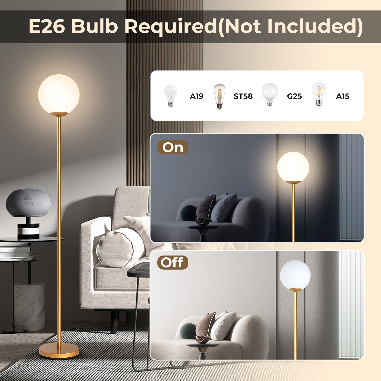 Golden Glass Globe LED Floor Lamp With Lampshade