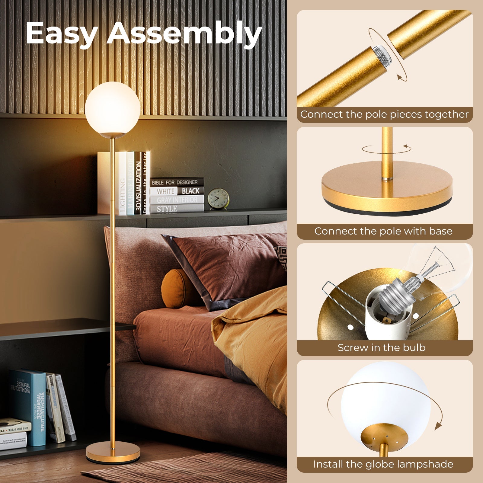 Golden Glass Globe LED Floor Lamp With Lampshade