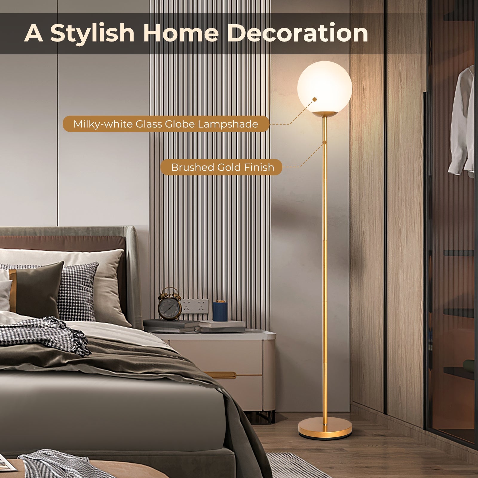 Golden Glass Globe LED Floor Lamp With Lampshade