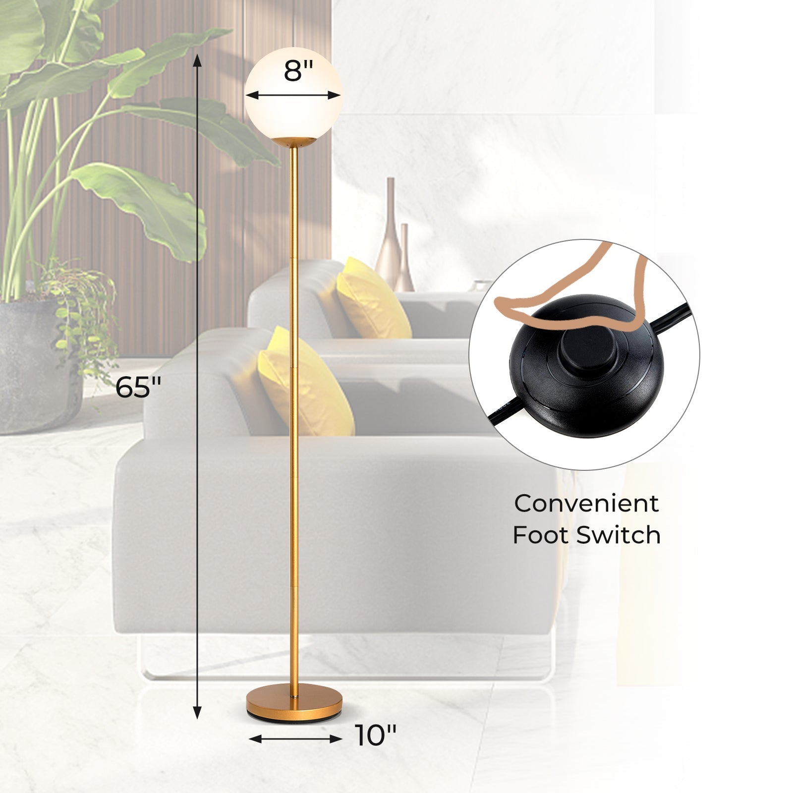 Golden Glass Globe LED Floor Lamp With Lampshade