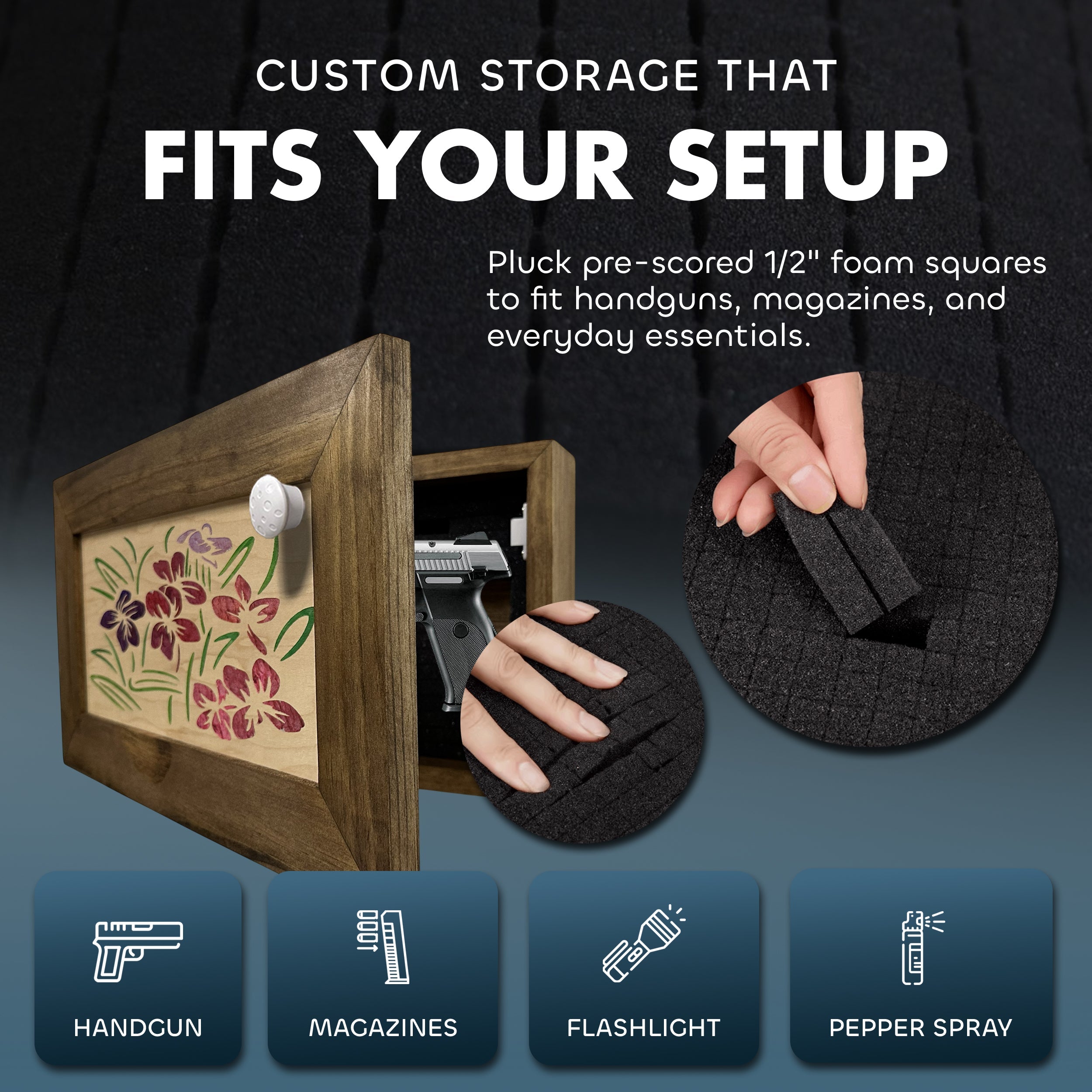 Just Flowers Hidden Gun Storage Wall Decor - Handcrafted Gun Concealment Furniture - Quick Access Handgun Safe with Magnetic Lock - Secure Hidden Wall Safe - USA Made