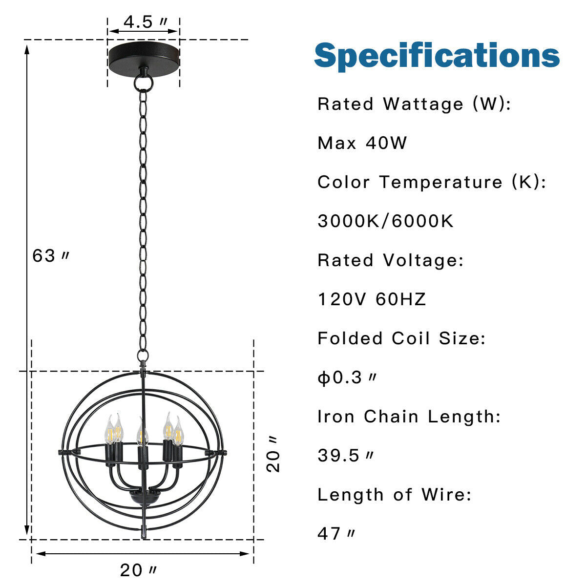 20-Inch 5-Light Metal Chandelier With Pivoting Rings